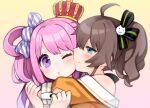  2girls ahoge aqua_eyes black_ribbon blush brown_hair candy_hair_ornament cat_hair_ornament closed_mouth crown food-themed_hair_ornament frills gradient_background gradient_hair hair_ornament hair_ribbon himemori_luna himemori_luna_(1st_costume) hololive hug jacket long_hair looking_at_another medium_hair mini_crown multicolored_hair multiple_girls natsuiro_matsuri natsuiro_matsuri_(1st_costume) nekohara_choco off-shoulder_jacket off_shoulder one_eye_closed one_side_up orange_jacket pink_hair pink_nails ponytail purple_eyes purple_hair ribbon short_sleeves single_hair_ring smile virtual_youtuber wavy_hair 