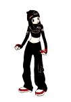  1girl :o black_hair black_hat black_pants black_shirt cargo_pants fingerless_gloves gloves hanni_(newjeans) hat highres iwashi_iwashimo k-pop looking_to_the_side midriff navel newjeans open_mouth pants real_life red_gloves shirt shoes simple_background sneakers solo white_background white_footwear 