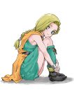  1girl absurdres bianca_(dq5) blonde_hair blue_eyes braid cape dragon_quest dragon_quest_v dress full_body green_dress hashiguchi_takashi highres hugging_own_legs knees_to_chest long_braid long_hair orange_cape simple_background sitting solo white_background 