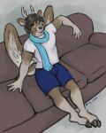  absurd_res anthro antlers bottomwear brown_body brown_hair clothing deer feathered_wings feathers furniture hair hi_res hooves horn lucan_(golddrake) male mammal s-q scarf shirt shorts small_tail sofa solo t-shirt tail topwear wings 