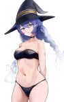  1girl arms_behind_back bikini black_bikini black_choker black_hat black_ribbon blue_eyes blue_hair braid breasts choker eyebrows_hidden_by_hair feet_out_of_frame groin hair_between_eyes hair_ribbon hat highres ichi854 light_blush looking_at_viewer medium_breasts mushoku_tensei navel open_mouth ribbon roxy_migurdia simple_background solo stomach swimsuit twin_braids white_background witch_hat 