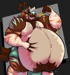anthro antlers awoogasm belly big_belly boxers_(clothing) brown_body bulge clothing clovis_(clovishusky) digital_media_(artwork) flexing flexing_bicep fur green_eyes hair hand_on_belly hi_res horn hybrid hyena looking_at_viewer male mammal multicolored_body musclegut muscular muscular_male navel simple_background smile solo standing stripes teeth tuft underwear