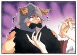  1boy beard blush demodori_yaesu dungeon_meshi dwarf facial_hair fake_horns helmet holding_hands horned_helmet horns interlocked_fingers long_beard male_focus nervous_sweating senshi_(dungeon_meshi) solo_focus sweat thick_mustache translation_request trembling upper_body very_long_beard 