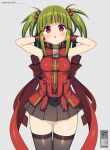  1girl beatmania_iidx black_skirt black_thighhighs blunt_bangs blush breasts commentary_request copyright_name cowboy_shot expressionless food-themed_hair_ornament green_hair grey_background hair_ornament hands_in_hair highres hishimiya_tsugaru kinoshita_ichi long_hair looking_at_viewer medium_bangs medium_breasts miniskirt open_mouth pleated_skirt qr_code red_eyes red_shirt shirt sidelocks simple_background skirt sleeveless sleeveless_shirt solo strawberry_hair_ornament thighhighs two_side_up 