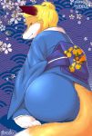  2016 abstract_background accessory alternate_species anthro asian_clothing big_butt biped blonde_hair blue_clothing brown_eyes butt canid canine clothed clothing dipstick_tail east_asian_clothing female floral_pattern fluffy fluffy_tail footwear fox fully_clothed fur furrification hair hair_accessory hair_bun hairpin half-closed_eyes hi_res japanese_clothing japanese_text kemono kimono kneeling legwear looking_at_viewer looking_back mammal monotone_hair multicolored_body multicolored_fur multicolored_tail narrowed_eyes obi orange_body orange_fur ran_yakumo rear_view short_hair sitting smile socks solo tabi_socks text touhou video_games white_body white_fur wide_hips yukaran_nosuke 