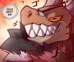  anthro boo_rad13y brown_body clothed clothing dialogue kobold male orange_eyes sharp_teeth simple_background smile solo teeth 