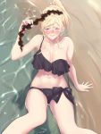  1girl arm_support bare_shoulders beach bikini black_bikini blonde_hair blue_eyes blush breasts cleavage feet_out_of_frame hair_between_eyes highres kantai_collection large_breasts long_hair mole mole_under_eye mole_under_mouth navel richelieu_(kantai_collection) shallow_water shingyo side-tie_bikini smile solo strap_slip swimsuit water 