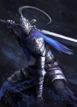  1boy armor artorias_the_abysswalker blue_cape cape dark_souls full_armor gauntlets grey_background helmet holding holding_sword holding_weapon knight male_focus over_shoulder pauldrons plume shoulder_armor solo souls_(from_software) standing sword torn_cape torn_clothes weapon yomanika0021 