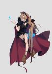  1girl bangs blonde_hair bow breasts bug butterfly cape crossed_legs earrings ereshkigal_(fate/grand_order) eyebrows_visible_through_hair fate/grand_order fate_(series) full_body glowing hair_bow hair_ribbon highres icelernd insect jewelry long_hair parted_bangs red_eyes ribbon solo tiara two_side_up very_long_hair 