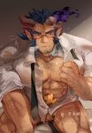  1boy abs bara body_hair bulge chest dark_blue_hair erection erection_under_clothes facial_hair fang glasses highres horns icelernd male_focus muscle pectorals scar simple_background solo takemaru_(tokyo_houkago_summoners) thick_eyebrows thick_thighs thighs tight tokyo_houkago_summoners translation_request undressing upper_body 