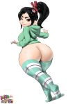  1girl absurdres ass black_hair breasts brown_eyes cactus64 commentary ears green_legwear green_sweater grin hair_ornament highres hood hooded_sweater long_hair older ponytail smile solo sweat sweater thick_eyebrows thick_thighs thighhighs thighs vanellope_von_schweetz wreck-it_ralph 