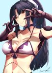  1girl android armpits arms_up bangs bikini black_hair blue_background blush breasts brown_eyes cleavage closed_mouth collarbone commentary_request double_v eyebrows_visible_through_hair fate/grand_order fate_(series) front-tie_bikini front-tie_top high_ponytail joints katou_danzou_(fate/grand_order) long_hair looking_at_viewer medium_breasts navel parted_bangs ribbon robot_joints sebire sidelocks signature simple_background smile solo straight_hair swimsuit tassel underboob upper_body v v_over_eye very_long_hair white_bikini yellow_ribbon 