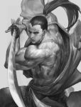  1boy greyscale japanese_clothes katana kibagami_genjuro long_hair monochrome muscle nao3art ponytail samurai_spirits scar solo sword weapon 