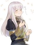  1girl closed_eyes closed_mouth eating fire_emblem fire_emblem:_three_houses fork garreg_mach_monastery_uniform highres holding holding_fork kyufe long_hair long_sleeves lysithea_von_ordelia solo uniform upper_body white_hair 