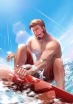  1boy abs absurdres alternate_costume bara blue_eyes brown_hair chest facial_hair fate/grand_order fate_(series) goatee highres icelernd male_focus male_swimwear muscle napoleon_bonaparte_(fate/grand_order) pectorals scar shirtless sideburns smile solo summer surfing swim_trunks swimwear water 