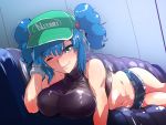 1girl blue_hair blush breasts couch crop_top denim denim_shorts gloves green_eyes hat highres hyudora kawashiro_nitori large_breasts medium_hair navel on_couch short_shorts short_twintails shorts smile solo touhou twintails 