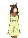  &lt;3 2020 anthro black_hair blush breasts brown_body brown_fur cleavage clothed clothing draft_horse dress equid equine female fur hair hands_behind_back hi_res horse mammal nicopossum one_eye_closed pattern_clothing pattern_dress simple_background solo tinker_(hladilnik) white_background wink 