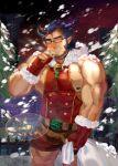  1boy bara blush bulge chest christmas dark_blue_hair facial_hair fang glasses highres horns icelernd jewelry looking_at_viewer male_focus muscle necklace nipple_slip nipples pectorals revealing_clothes scar shorts snowing solo takemaru_(tokyo_houkago_summoners) thick_eyebrows thick_thighs thighs tight_top tokyo_houkago_summoners translation_request upper_body 