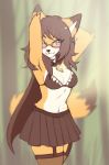  anthro bottomwear bra canid canine cloak clothing eyewear female fox glasses hands_behind_head hi_res legwear mammal midriff miniskirt nayel-ie pendant red_fox ruffled_skirt skirt solo stockings underwear 