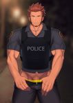  1boy absurdres alternate_costume bara blue_eyes brown_hair facial_hair fate/grand_order fate_(series) goatee highres looking_at_viewer male_focus miqi_(nnaf3344) muscle napoleon_bonaparte_(fate/grand_order) pants pectorals penis_peek police police_uniform short_sleeves sideburns simple_background undressing uniform 