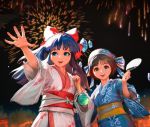  2girls black_hair brown_hair fireworks hair_ribbon japanese_clothes kimono long_hair multiple_girls nakoruru nao3art ribbon rimururu samurai_spirits short_hair torii yukata 