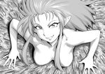  1990s_(style) 1girl breasts highres long_hair looking_at_viewer monochrome ryouko_(tenchi_muyou!) smile solo spiked_hair tenchi_muyou! topless ueyama_michirou 