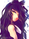  1girl artist_name bangs bare_shoulders black_bow black_dress black_hair blake_belladonna bow breasts bug butterfly commentary dated diamond_(shape) dress english_commentary from_side hair_bow hair_over_one_eye half-closed_eyes heart insect light_trail long_hair looking_at_viewer parted_lips rwby simple_background sleeveless sleeveless_dress slit_pupils small_breasts solo spacecolonie teeth upper_body watermark white_background yellow_eyes 