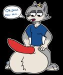  animal_genitalia animal_penis anthro balls barefoot big_balls big_penis biped black_background blue_clothing blue_shirt blue_topwear bottomless canid canine canine_penis canis cartoon_network cheek_tuft clothed clothing coloncapitalt crouching crown dialogue digital_media_(artwork) english_text erection facial_tuft full-length_portrait fur genitals grey_body grey_fur hair half-closed_eyes hands_on_legs hi_res huge_balls huge_penis hyper hyper_balls hyper_genitalia hyper_penis knot male mammal narrowed_eyes open_mouth penis portrait red_penis shirt simple_background solo speech_bubble teeth text the_prince_(trick_moon) tongue topwear trick_moon tuft wolf 