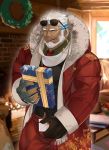  1boy aegir_(tokyo_houkago_summoners) bara beard bulge christmas dark_skin dark_skinned_male earrings facial_hair gift highres hood hoodie icelernd jewelry male_focus muscle nipples santa_costume scarf smile solo thick_thighs thighs tokyo_houkago_summoners white_hair 