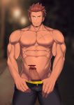  1boy absurdres alternate_costume bar_censor bara blue_eyes brown_hair censored erection facial_hair fate/grand_order fate_(series) goatee highres large_penis looking_at_viewer male_focus miqi_(nnaf3344) muscle napoleon_bonaparte_(fate/grand_order) pants pectorals penis penis_peek police police_uniform sideburns simple_background undressing uniform 
