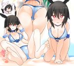  1girl all_fours ass bangs bare_shoulders beach bikini black_hair blue_bikini blush bracelet breasts chibi cleavage collar collarbone fate/grand_order fate_(series) feet hasai_(mekkan) head_wings jewelry large_breasts looking_at_viewer multiple_views navel open_mouth ortlinde_(fate/grand_order) red_eyes short_hair smile soles spread_legs swimsuit thighs toes valkyrie_(fate/grand_order) 