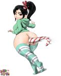  1girl absurdres ass black_hair breasts brown_eyes cactus64 candy candy_cane commentary ears food green_legwear green_sweater grin hair_ornament highres hood hooded_sweater long_hair older ponytail smile solo sweat sweater thick_eyebrows thick_thighs thighhighs thighs vanellope_von_schweetz wreck-it_ralph 