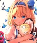  1girl :3 :t ace_of_clubs alice_margatroid alice_margatroid_(pc-98) blonde_hair blue_eyes blue_hairband blush bow bug butterfly card doll_hug eyebrows_visible_through_hair flower hair_ornament hairband highres hunya insect kirisame_marisa pout ribbon short_hair skirt solo stuffed_toy suspenders touhou touhou_(pc-98) 