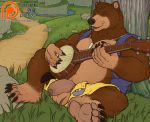  2020 5_fingers 5_toes against_tree anthro balls banjo-kazooie banjo_(banjo-kazooie) banjo_(instrument) blue_eyes brown_body brown_fur claws clothing digital_media_(artwork) fingers fur genitals humanoid_genitalia humanoid_penis male mammal musical_instrument on_grass open_mouth outside penis playing_music plucked_string_instrument rareware shadowfenris sitting solo string_instrument toes tree uncut ursid vein video_games 