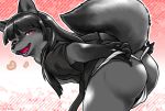  &lt;3 &lt;3_background anthro asian_clothing bent_over biped black_body black_clothing black_fur black_hair black_nose black_shirt black_topwear butt canid canine clothed clothing dipstick_tail east_asian_clothing fangs female finger_claws fluffy fluffy_tail fox fundoshi fur gloves_(marking) grey_body grey_fur hair hi_res japanese_clothing kemono long_hair looking_at_viewer mammal markings monotone_hair multicolored_body multicolored_fur multicolored_tail open_mouth open_smile raised_tail red_eyes shirt side_view smile snout solo topwear two_tone_body two_tone_fur two_tone_tail underwear whiskers yukaran_nosuke 