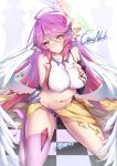  1girl angel_wings artist_name breasts chess_piece closed_mouth commentary_request crop_top feathered_wings gainoob gradient_hair halo highres jibril_(no_game_no_life) king_(chess) large_breasts long_hair looking_at_viewer low_wings magic_circle midriff multicolored_hair navel no_game_no_life pink_hair shoes sideboob single_shoe single_thighhigh sitting smile solo stomach tattoo thighhighs very_long_hair white_wings wing_ears wings yellow_eyes 