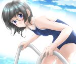  1girl black_hair blue_eyes blue_sky blue_swimsuit cloud commentary_request competition_school_swimsuit cowboy_shot glasses looking_at_viewer original pool_ladder school_swimsuit shigyomusume short_hair sky solo swimsuit 