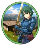  1boy alm_(fire_emblem) armor bangs breastplate circlet closed_mouth day eyebrows_visible_through_hair fire_emblem fire_emblem_echoes:_shadows_of_valentia fuussu_(21-kazin) green_eyes green_hair hair_between_eyes highres holding holding_sheath holding_sword holding_weapon male_focus outdoors sheath shoulder_armor spaulders standing sword weapon 