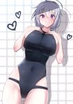  1girl ahoge bangs black_swimsuit breasts closed_mouth commentary_request covered_navel eyebrows_visible_through_hair hair_between_eyes hands_on_own_chest heart highres huge_breasts kawaruhi original purple_eyes shadow short_hair sideboob silver_hair smile solo swimsuit taut_clothes taut_swimsuit 