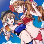  2girls 547th_sy alcohol anchor_hair_ornament beer beer_mug bikini blonde_hair blue_bikini blue_sky breasts brown_eyes brown_hair cloud commentary_request cowboy_shot cup drinking_glass dutch_angle grey_headwear hair_ornament hat headdress highres kantai_collection littorio_(kantai_collection) long_hair looking_at_viewer low_twintails medium_breasts mug multiple_girls one_eye_closed peaked_cap ponytail prinz_eugen_(kantai_collection) red_bikini sky swimsuit twintails wavy_hair white_headwear wine wine_glass 