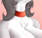  absurd_res anthro big_breasts bodily_fluids booponies breasts canid canine collar cum cum_drip cum_on_breasts dripping female fox genital_fluids haylee_(anonipony) hi_res mammal neck_bulge solo swallowing text 