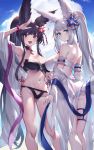  2girls animal_ears bangs bare_shoulders bell bikini bikini_skirt black_bikini black_hair blue_eyes blue_sky blush bracelet breasts cleavage closed_mouth cloud cloudy_sky commentary_request day erune eyebrows_visible_through_hair granblue_fantasy hair_ornament hand_up high_ponytail highres jewelry jingle_bell looking_at_viewer looking_back medium_breasts multiple_girls navel open_mouth outdoors oyu_(sijimisizimi) ponytail red_eyes see-through simple_background sky smile socie_(granblue_fantasy) stomach swimsuit tail thigh_strap thighs tied_hair white_bikini white_hair yuel_(granblue_fantasy) 