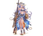  1girl bag bangs bare_arms bare_shoulders bikini braid breasts cleavage closed_mouth collarbone dagger floral_print flower full_body granblue_fantasy gun hat holding large_breasts long_hair looking_at_viewer midriff minaba_hideo navel official_art rifle sandals sarong silva_(granblue_fantasy) smile sniper_rifle solo standing stomach swimsuit thigh_strap toes transparent_background weapon yellow_eyes 