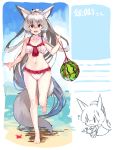  1girl :d absurdly_long_hair absurdres animal animal_ear_fluff animal_ears bangs bare_arms bare_legs bare_shoulders barefoot bikini breasts chibi collarbone commentary_request crab day eyebrows_visible_through_hair food fox_ears fox_girl fox_tail frilled_bikini frills fruit grey_hair hair_between_eyes highres holding holding_animal long_hair medium_breasts multiple_views navel open_mouth original outdoors ponytail red_eyes sidelocks smile standing standing_on_one_leg swimsuit tail translation_request very_long_hair water watermelon white_bikini yuuji_(yukimimi) 