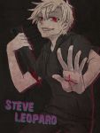  1boy blood bloody_hands bloody_weapon character_name holding holding_weapon hood red_eyes short_hair smile solo stake steve_leonard tears the_saga_of_darren_shan weapon 