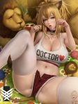  1girl animal_ears arknights bangs bare_shoulders black_nails blonde_hair breasts brown_eyes choker cleavage covered_nipples crop_top hair_between_eyes large_breasts limgae lion_ears long_hair looking_at_viewer messy_hair micro_shorts midriff navel open_fly open_mouth paw_pose ponytail shorts siege_(arknights) skindentation solo spread_legs stomach tank_top thighhighs tongue tongue_out white_legwear 