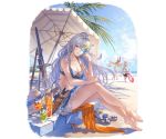  4girls bangs bare_shoulders barefoot beach beach_umbrella bikini blue_sky braid breasts cleavage closed_mouth cloud cloudy_sky cocktail_glass collarbone cup dagger day draph drinking_glass drinking_straw full_body granblue_fantasy gun hat holding innertube large_breasts long_hair looking_at_viewer midriff minaba_hideo multiple_girls navel ocean official_art outdoors rifle sandals silva_(granblue_fantasy) sitting sky smile sniper_rifle standing stomach swimsuit thigh_strap tied_hair toes transparent_background umbrella water weapon yellow_eyes 