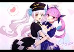 2girls :d absurdres ahoge anchor apron bangs black_dress blue_bow blue_dress blue_eyes blue_hair blue_ribbon blush bow braid breasts brown_eyes cleavage collared_dress commentary_request dress eyebrows_visible_through_hair frilled_apron frilled_dress frills hair_ribbon heart heterochromia highres hololive jun.bit kagura_mea kagura_mea_channel letterboxed looking_at_viewer maid_headdress medium_breasts minato_aqua multicolored_hair multiple_girls open_mouth pink_hair puffy_short_sleeves puffy_sleeves purple_eyes ribbon short_sleeves sidelocks silver_hair smile spoken_heart twintails two-tone_hair virtual_youtuber white_apron white_bow wrist_cuffs 