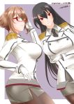  2girls artist_name black_hair black_neckwear brown_hair brown_legwear collared_shirt commentary_request cosplay crossed_arms double-breasted epaulettes glasses gloves grey_skirt highres jacket kantai_collection katori_(kantai_collection) katori_(kantai_collection)_(cosplay) kiriki_haruomi long_hair looking_at_viewer military military_uniform multiple_girls mutsu_(kantai_collection) nagato_(kantai_collection) necktie pantyhose pencil_skirt red-framed_eyewear red_eyes riding_crop shirt short_hair signature skirt uniform white_gloves 