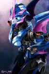  1girl arcee autobot blue_eyes blue_lips glowing glowing_eyes hand_on_hip highres insignia looking_at_viewer no_humans oberon826 solo transformers transformers_prime 